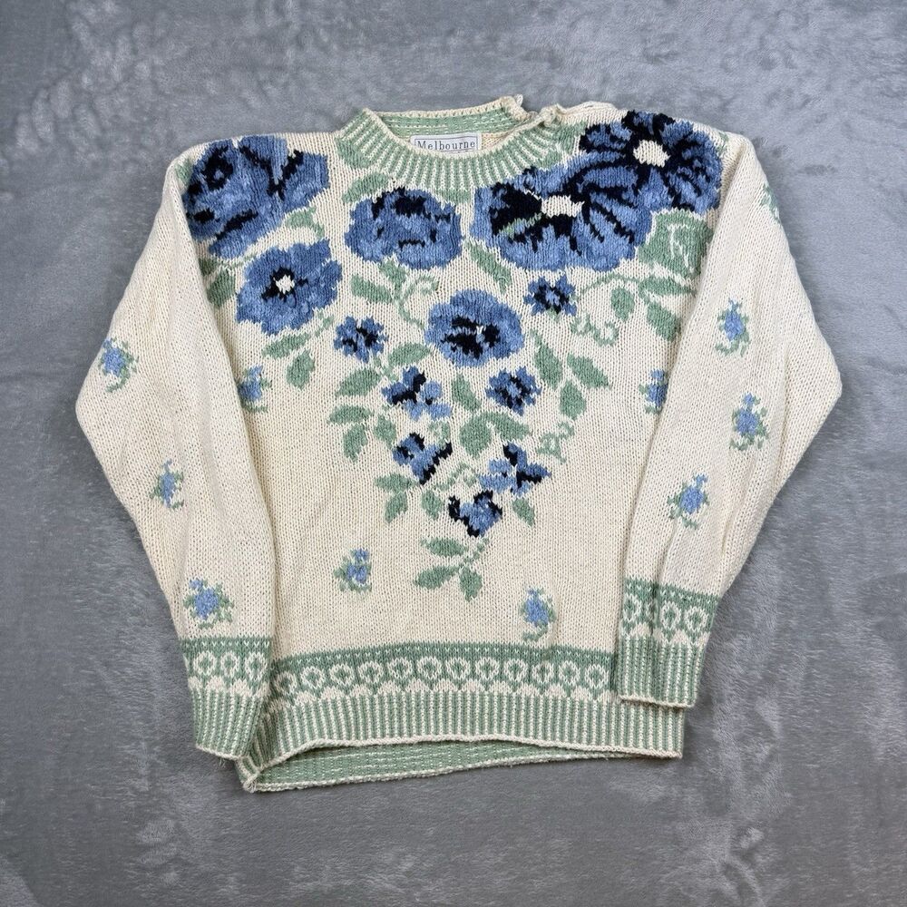 Vintage Melbourne Elements Hand Knit Floral Sweater Womens Medium Cottagecore